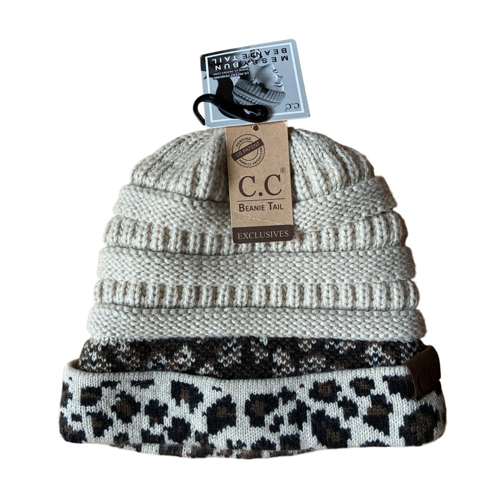 C.C Messy Bun Beanie Tail One Size Cream Leopard Women Acrylic Knit Hat